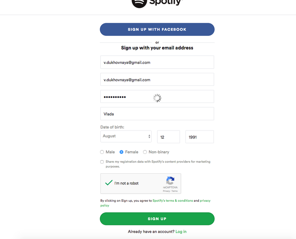Signing up to Spotify