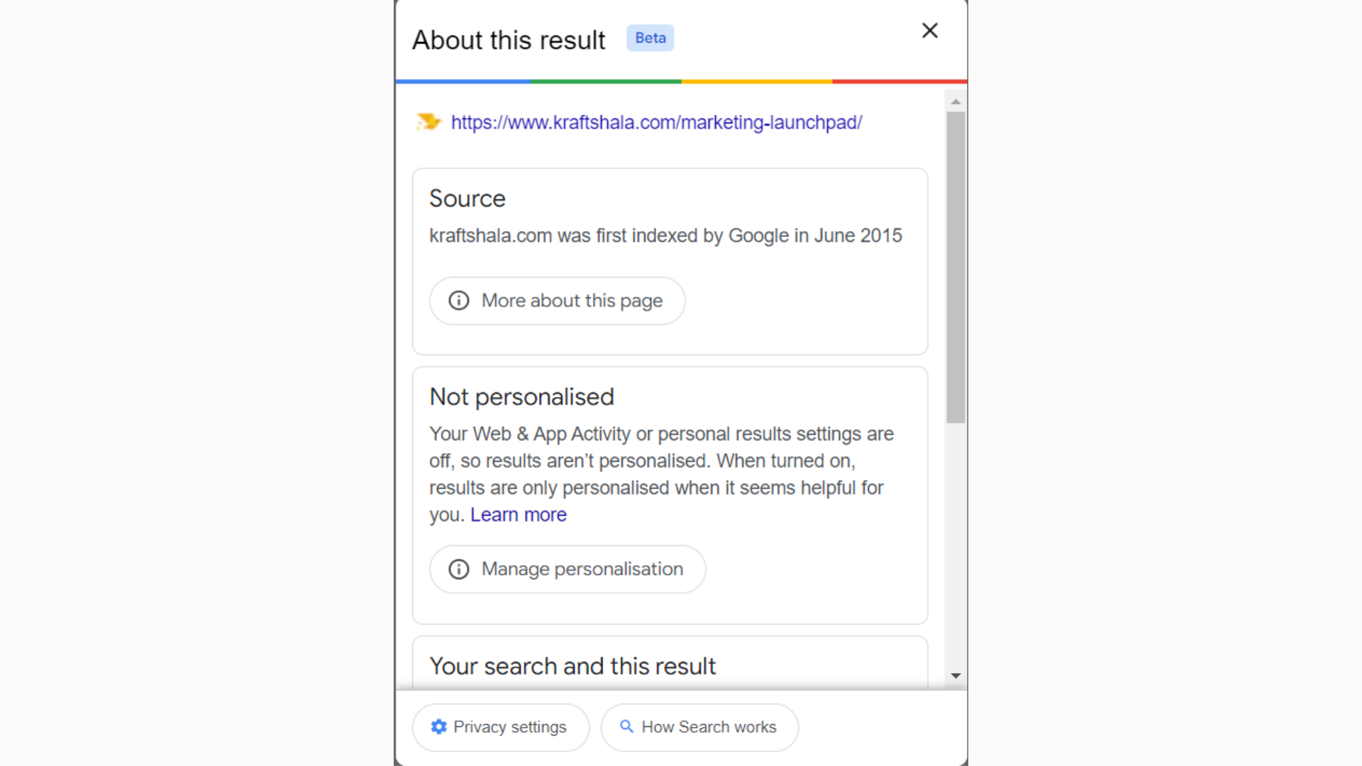 Cache dialog box on Google SERP